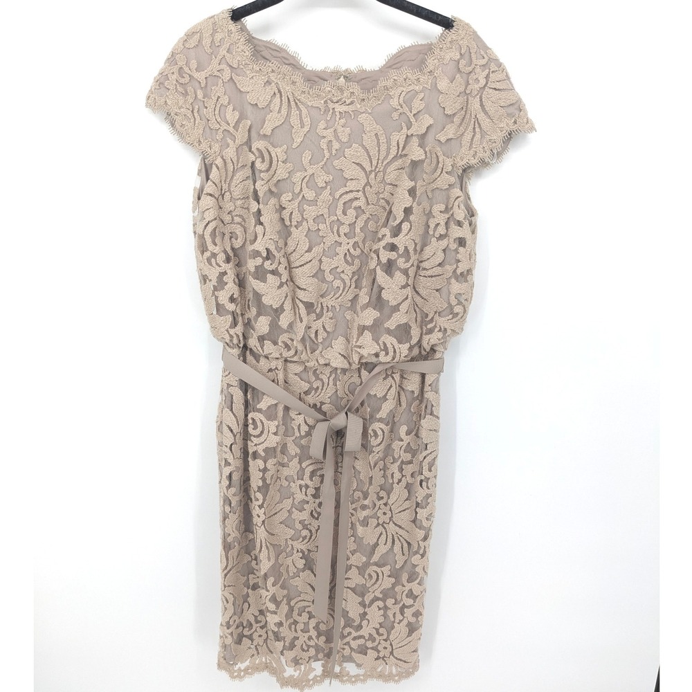 Tadashi Shoji Dress Womens 10 Tan Lace Sheath Short Sleeve Knee Length Cocktail